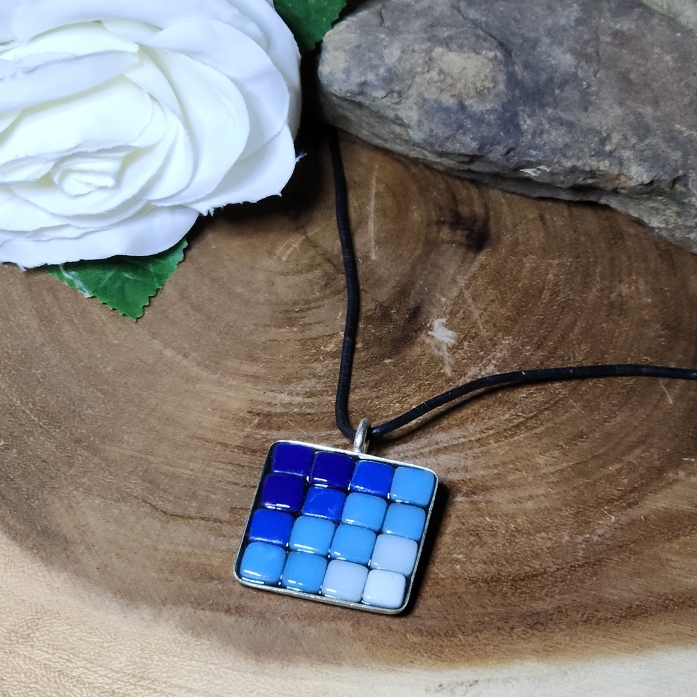 Vintage Blue Glass Tile Mosaic Art Signed SS Pendant